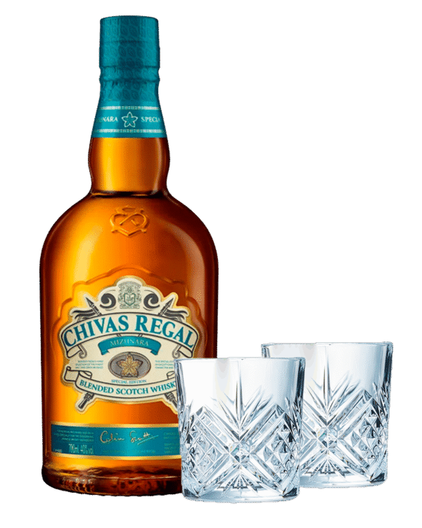 Kit Whisky Chivas Regal Mizunara 700ml + 2 Vasos Cortos Broadway Carmiña Villegas (10 ¼ OZ)