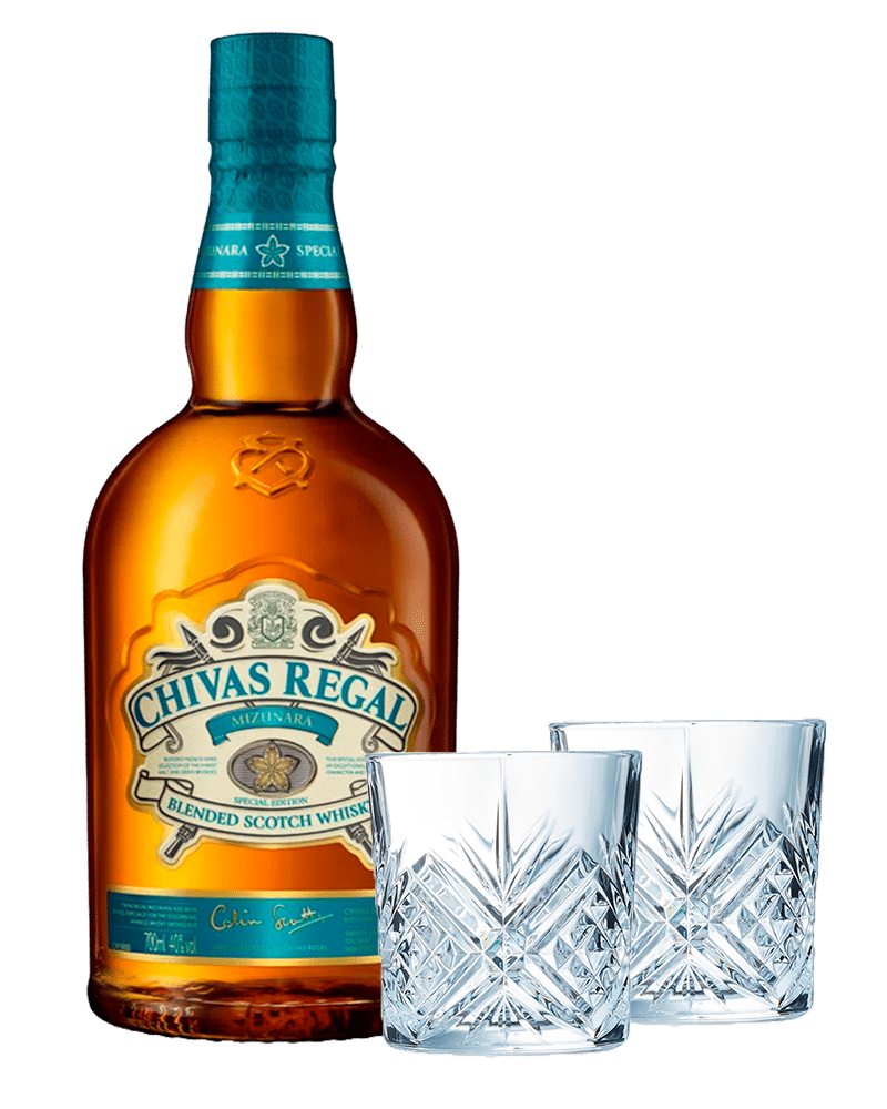 Kit Whisky Chivas Regal Mizunara 700ml + 2 Vasos Cortos Broadway Carmiña Villegas (10 ¼ OZ)
