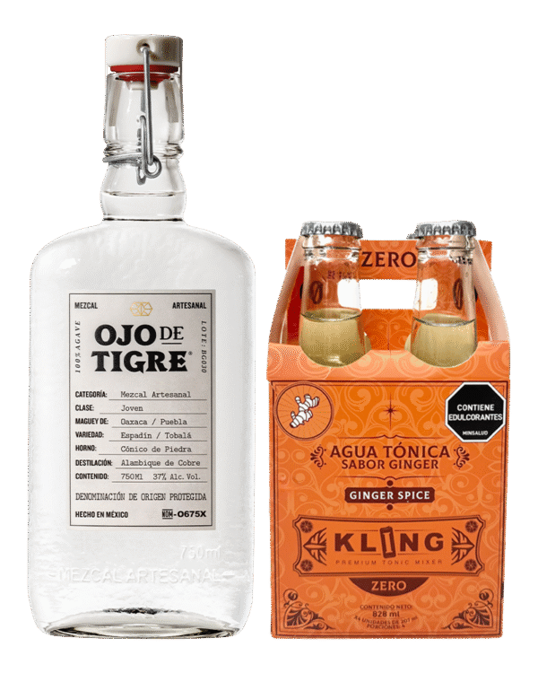 Combo Mezcal Ojo de Tigre 750ml y Kling Ginger Spice 4 Und X 207ml