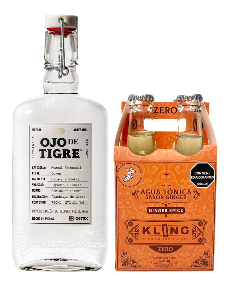 Combo Mezcal Ojo de Tigre 750ml y Kling Ginger Spice 4 Und X 207ml
